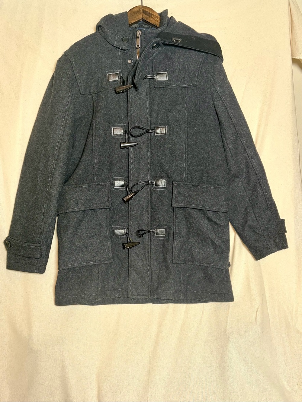 Zara Men's Charcoal Gray Wool Toggle Pea Coat with Hood